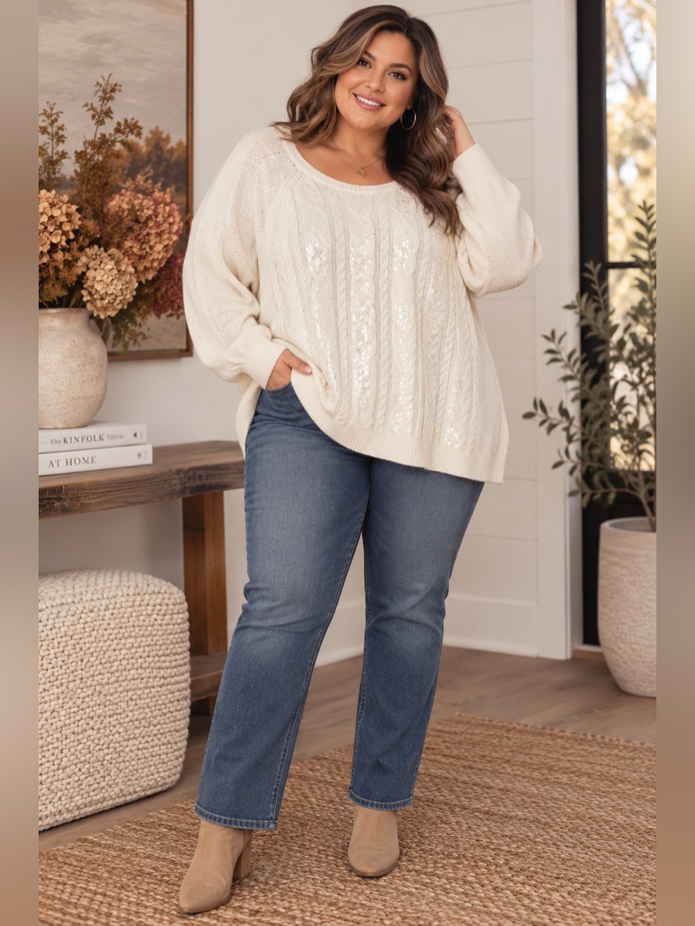 Lane Bryant Ivory Cream Sequin Cable Knit Long Sleeve Sweater Plus Size 22/24